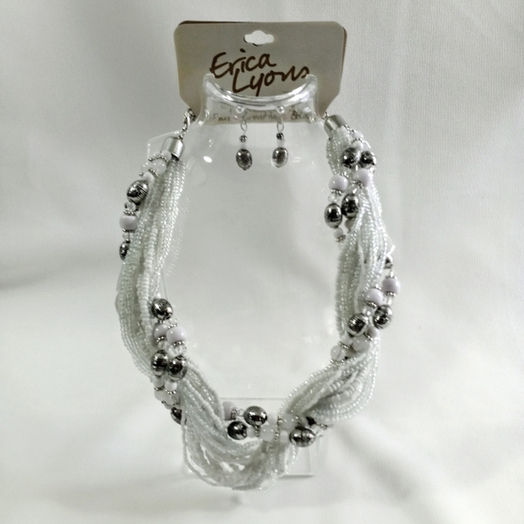Erica Lyons Twisted Statement Necklace Earring Set White Silver 19" Multi-Strand - Picture 2 of 6
